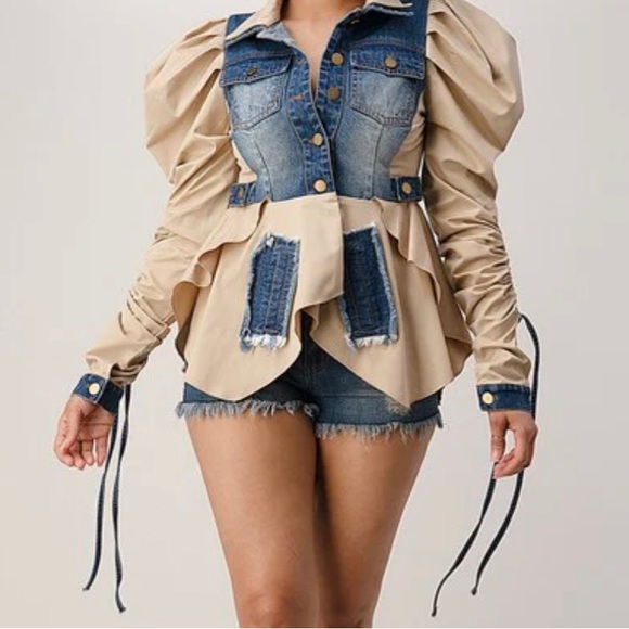 Elegant Denim Accent Button-Up Jacket - Brown main image 1